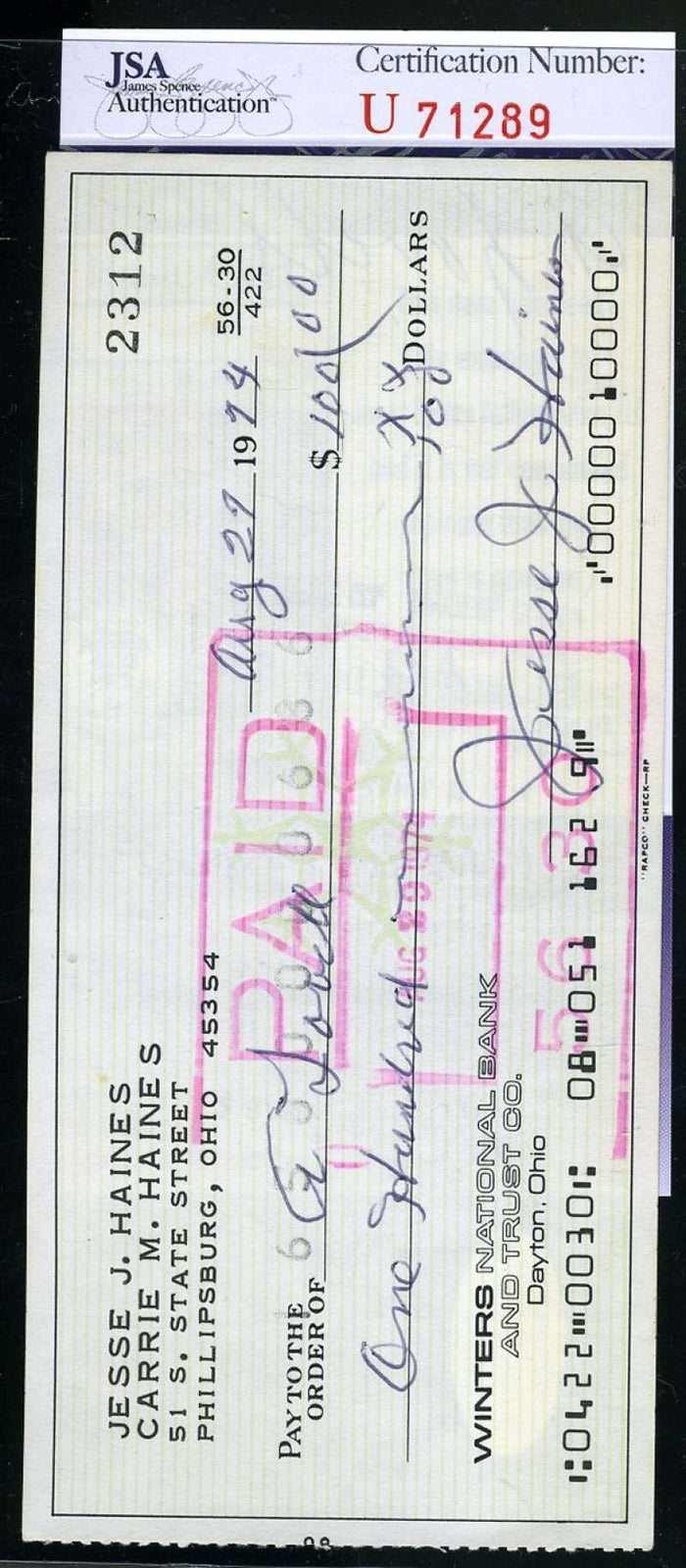 Jesse Haines Jsa Coa Autographed 1974 Check Hand Signed Authentic