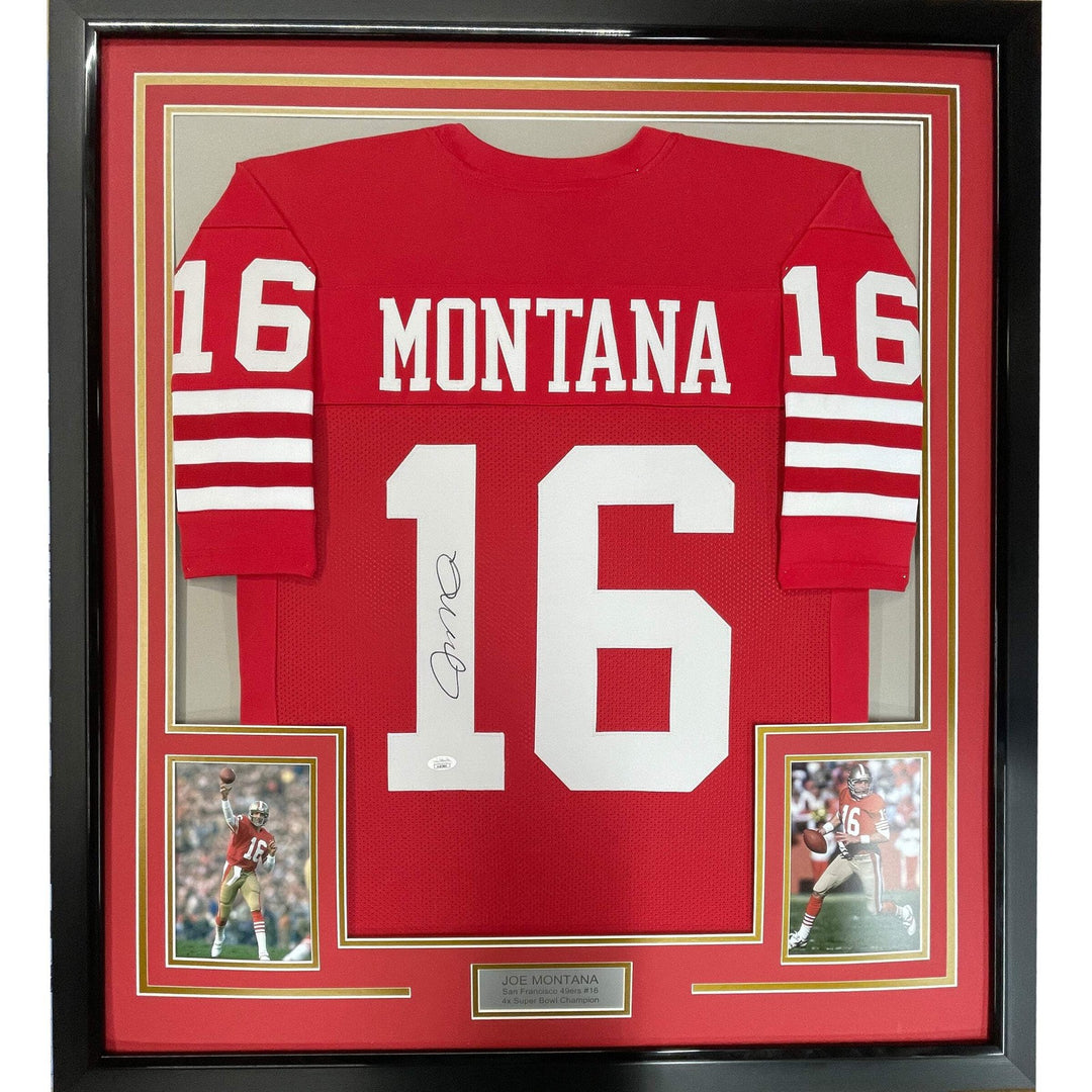 FRAMED Autographed/Signed JOE MONTANA 33x42 San Francisco Red Jersey JSA COA