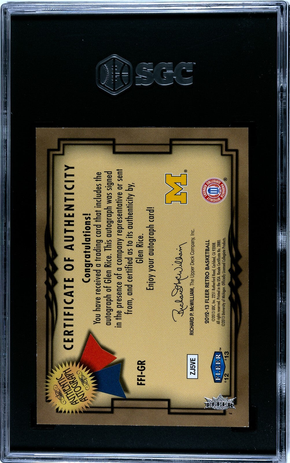 Glen Rice signed 2012-13 Fleer Retro Focus Fresh Ink Auto Card #FFI-GR- SGC Grad