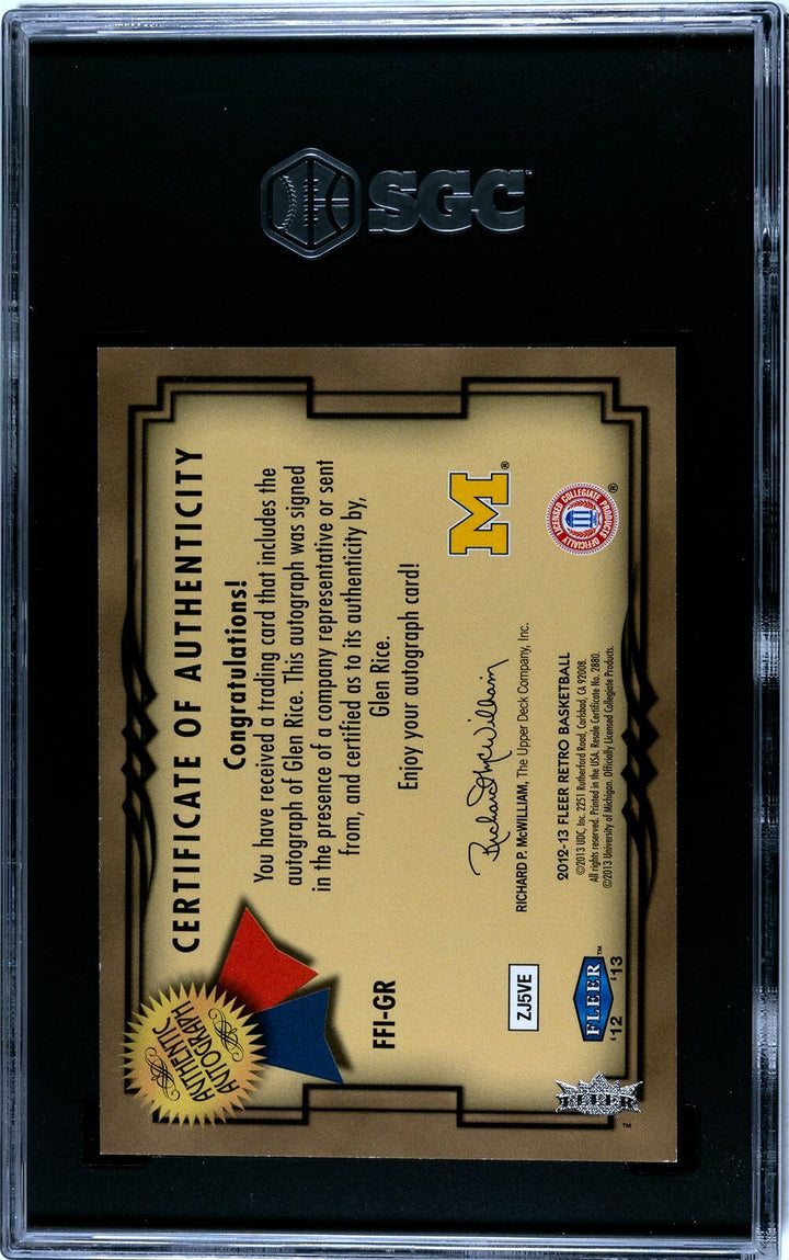 Glen Rice signed 2012-13 Fleer Retro Focus Fresh Ink Auto Card #FFI-GR- SGC Grad