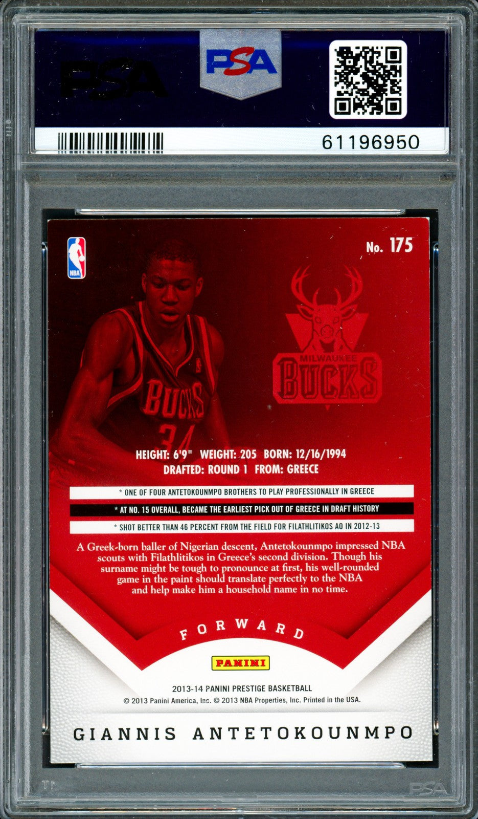 Giannis Antetokounmpo Auto 2013 Panini Prestige RC 175 Bucks PSA 8 Sig 9 PSA/DNA