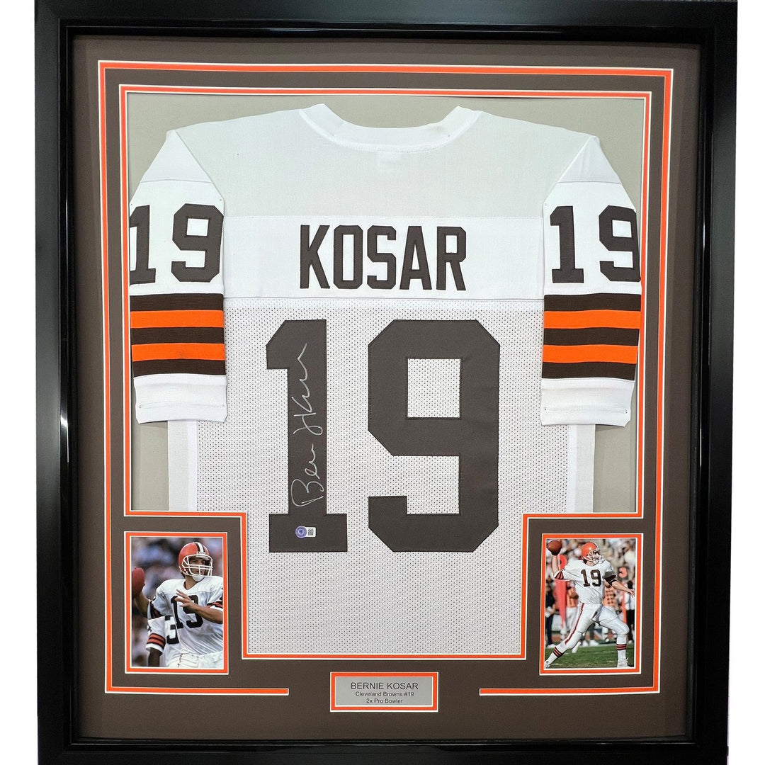 Framed Autographed/Signed Bernie Kosar 35x39 Cleveland White Jersey JSA COA