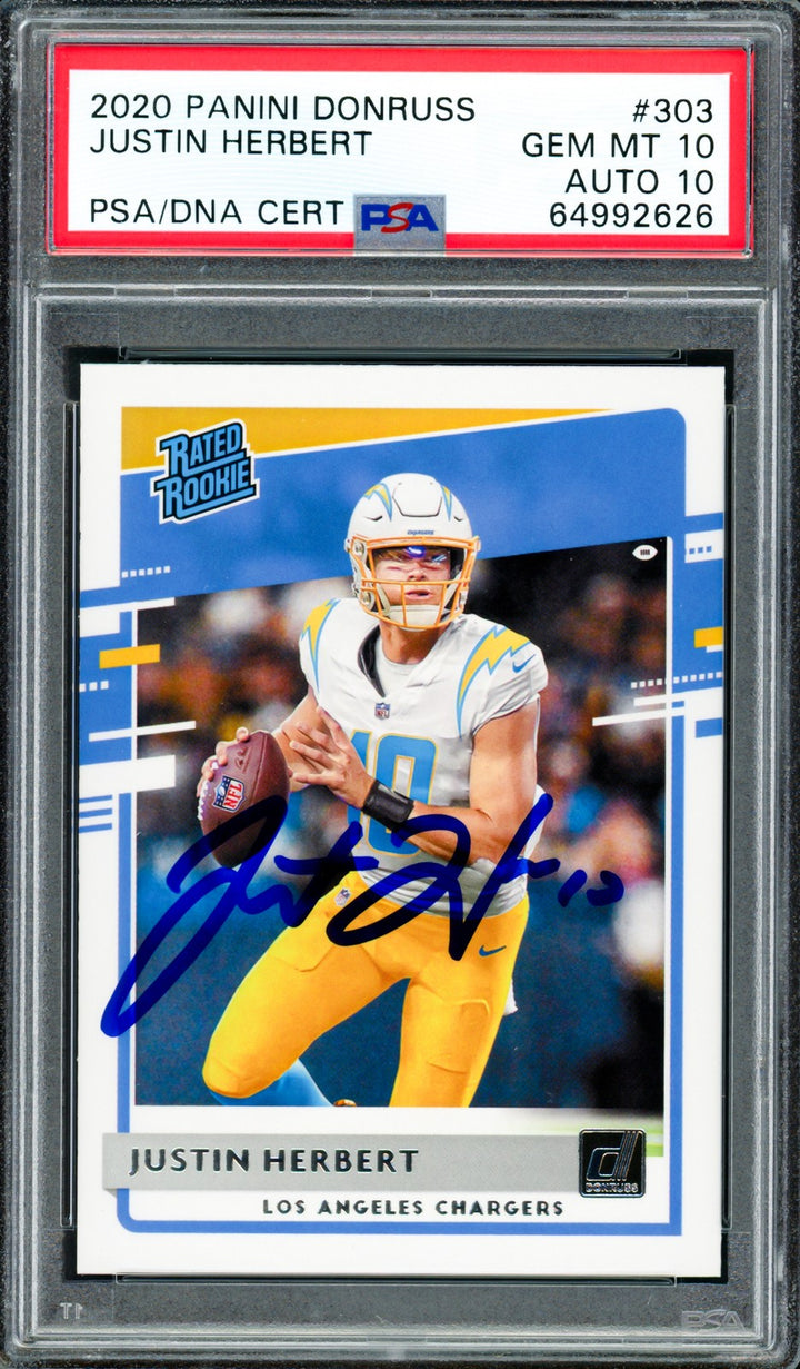 Justin Herbert Auto 2020 Panini Donruss Rated RC #303 Chargers PSA 10 Sig GM 10