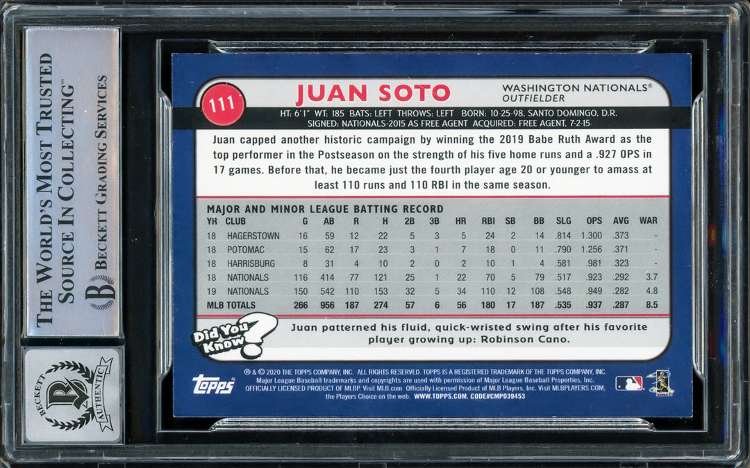 Juan Soto Autographed 2020 Topps Big League Card Yankees Gem 10 Auto Beckett F