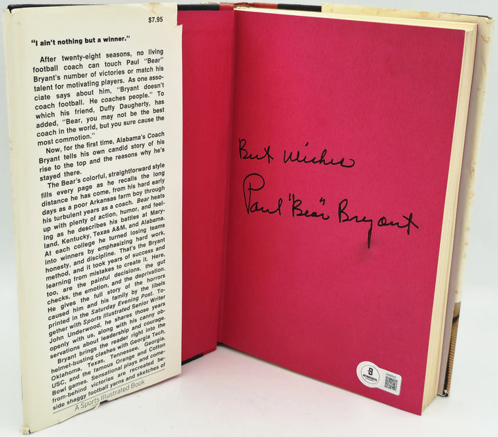 Paul Bear Bryant Signed Book Alabama Crimson Tide "Best Wishes" Beckett