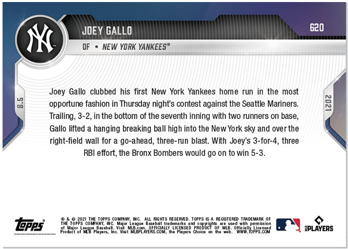 JOEY GALLO BELTS GO AHEAD 3-RUN HR FOR 1st YANKEES HOME-RUN TOPPS NOW CARD #620