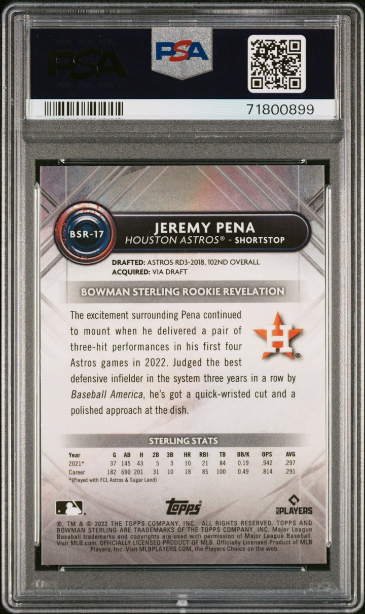 Graded 2022 Topps Bowman Sterling Jeremy Pena #BSR17 Rookie Card PSA 10