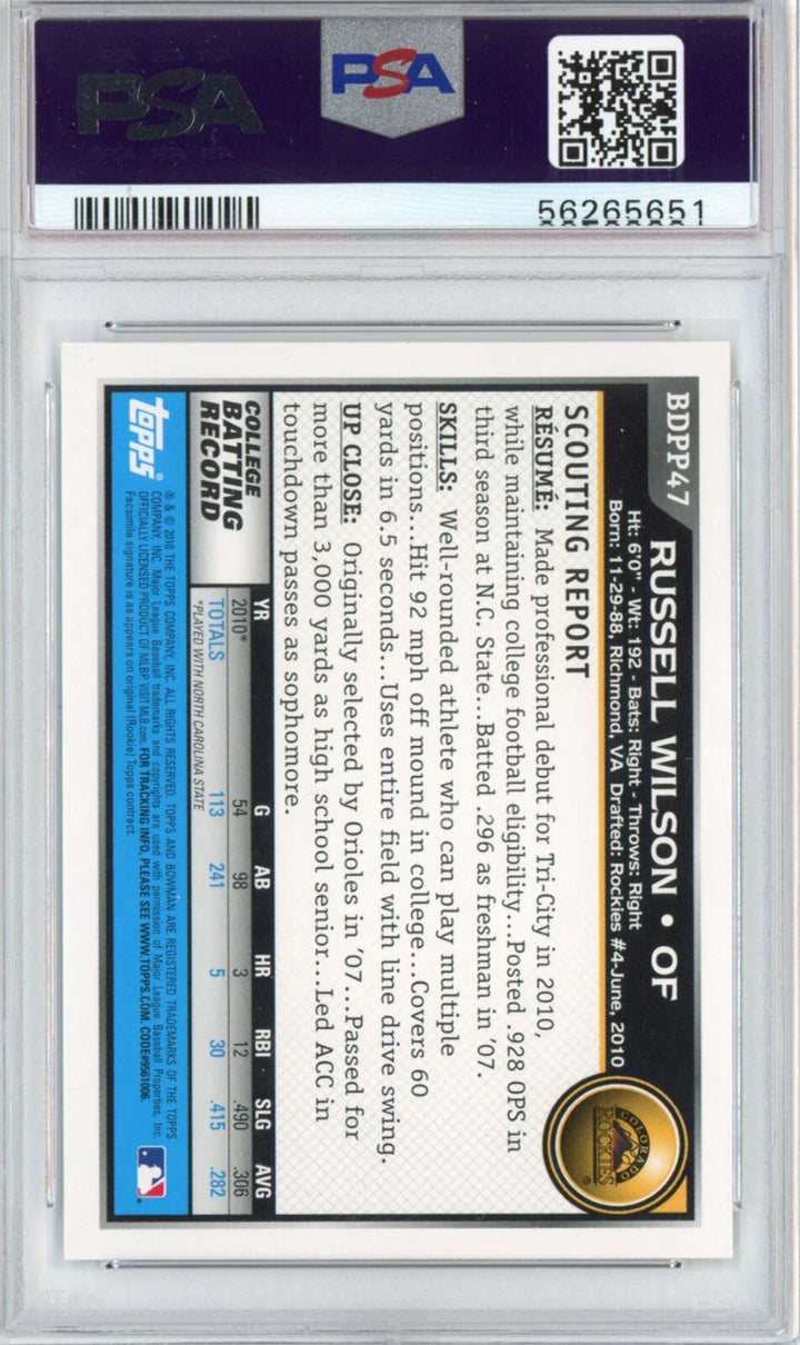 Graded 2010 Bowman DPP Russell Wilson #BDPP47 Rookie RC Card PSA 10 Mint