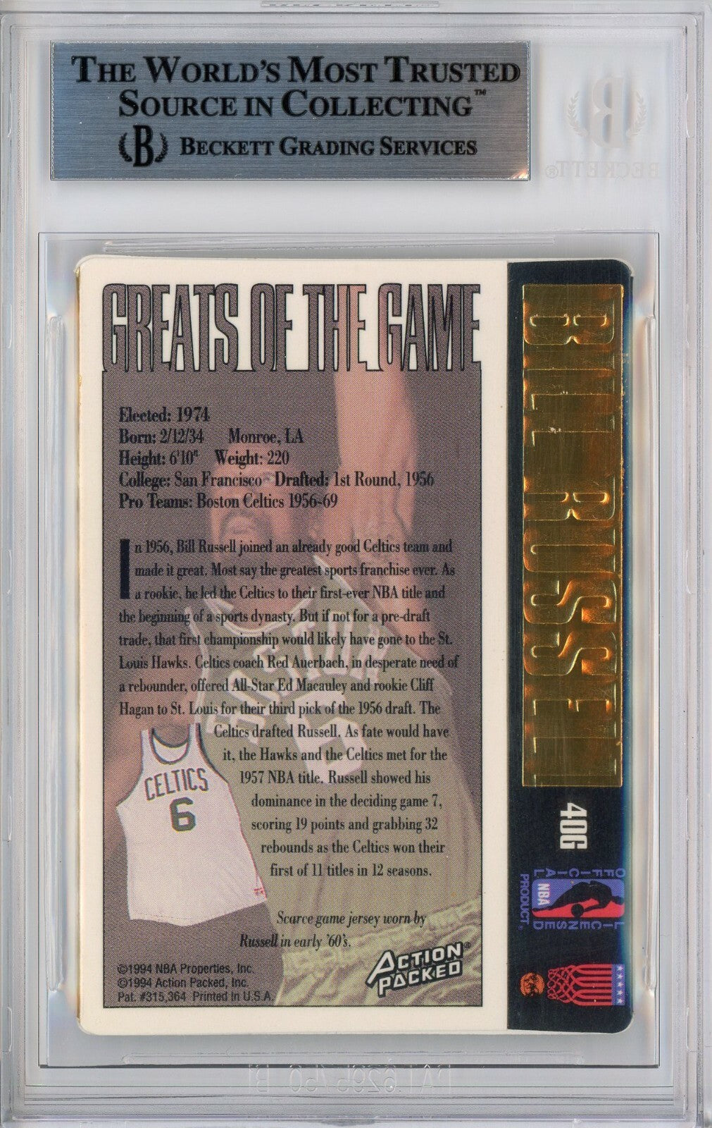 1995 Action Packed #40G Bill Russell Autographed Card #D/100 Signed Photo Jersey
