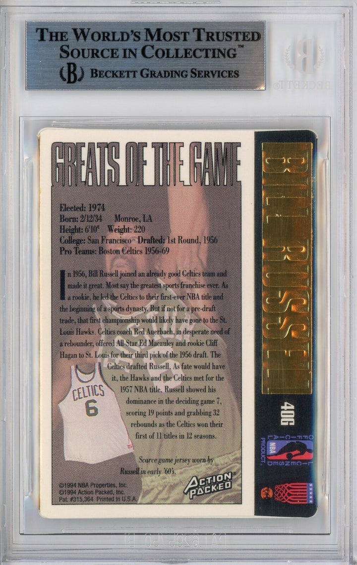 1995 Action Packed #40G Bill Russell Autographed Card #D/100 Signed Photo Jersey