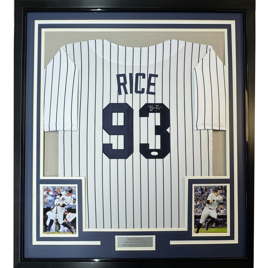 Framed Autographed/Signed Ben Rice 35x39 New York Pinstripe Jersey JSA COA