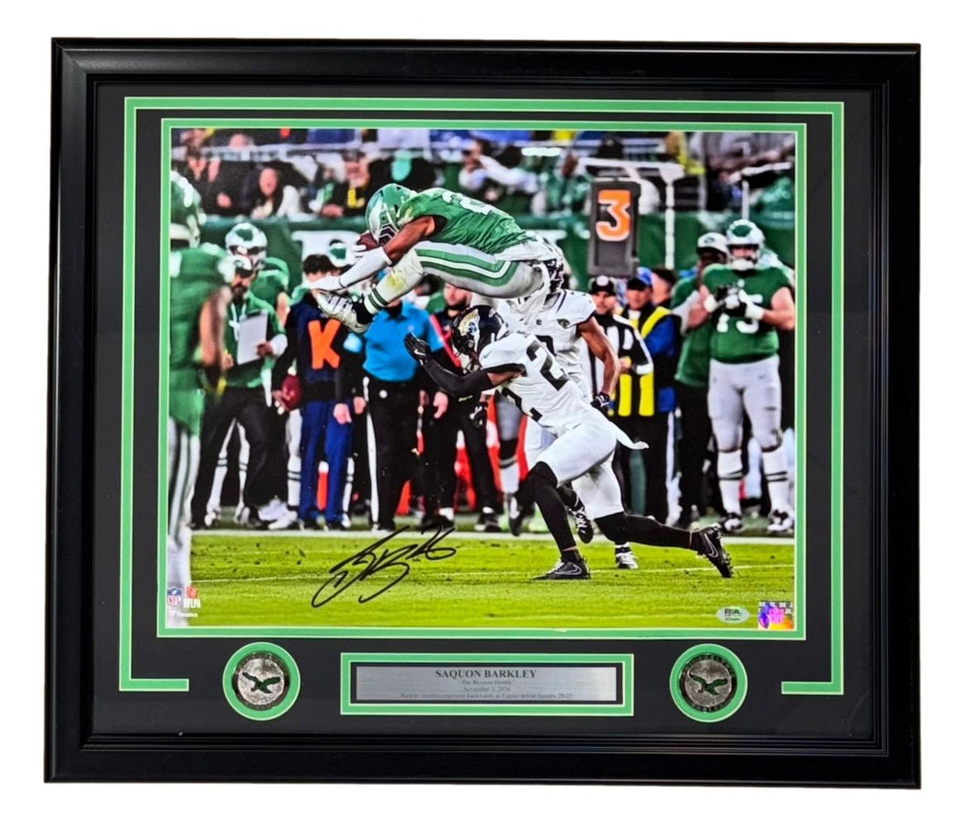 Saquon Barkley Signed Framed 16x20 Eagles Reverse Hurdle Photo PSA/DNA