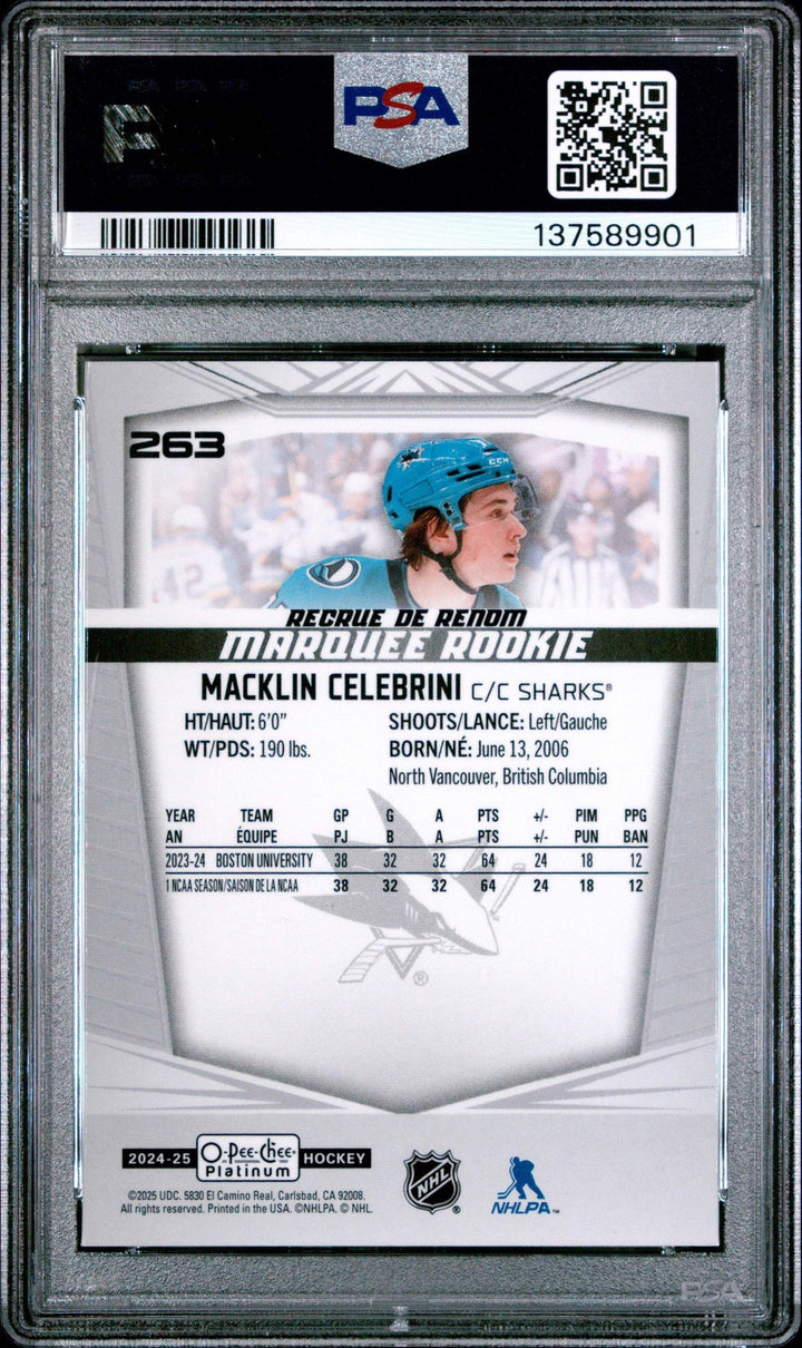 Graded 2024 O-Pee-Chee Platinum Macklin Celebrini #263 Rookie RC Card PSA 10 Gem