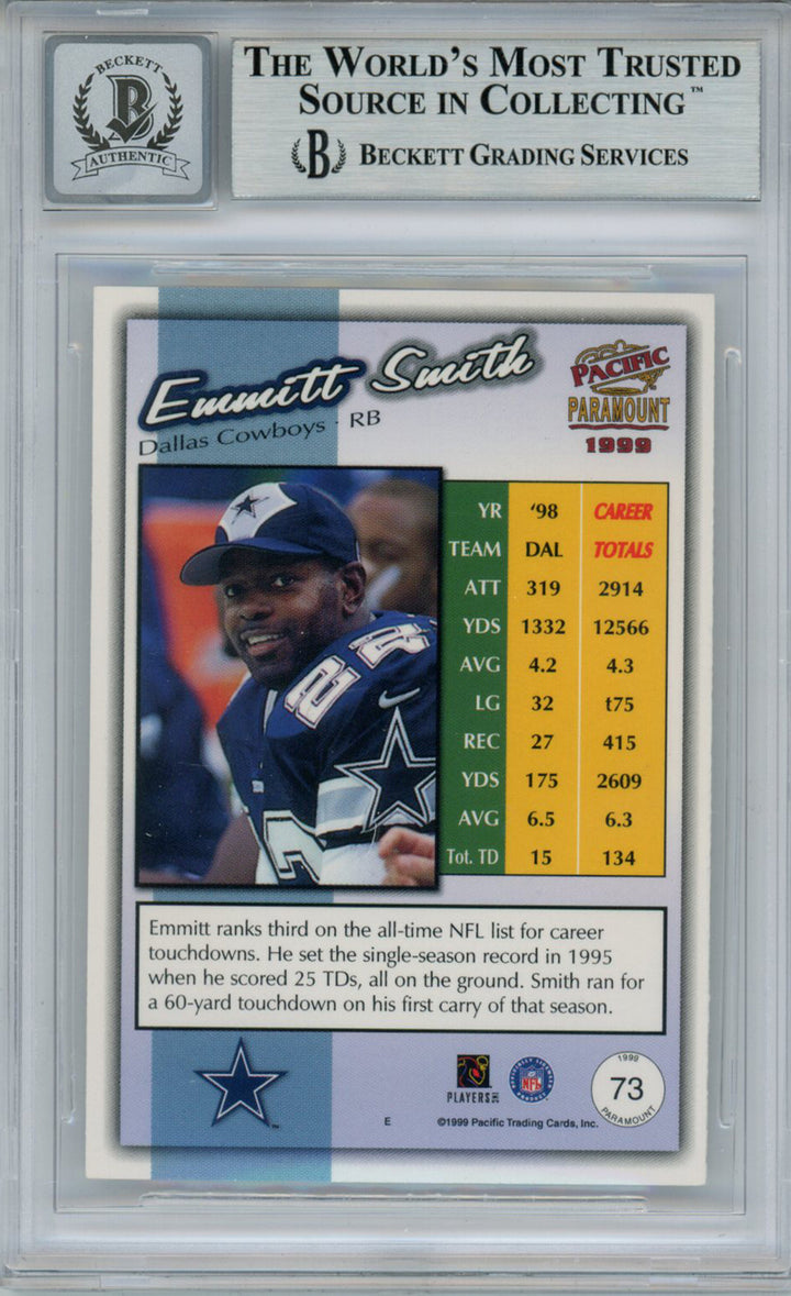 Emmitt Smith Signed 1999 Paramount #73 Trading Card Beckett 10 Slab 35099