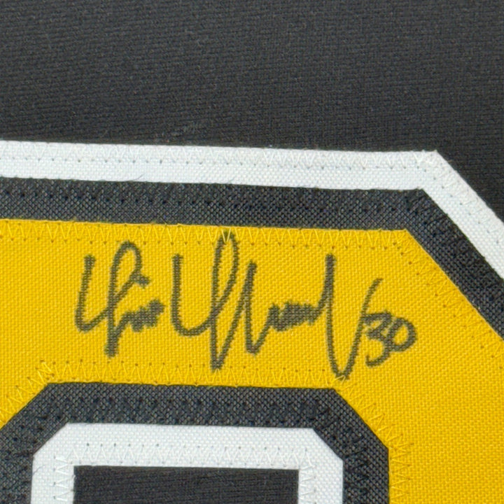 Framed Autographed/Signed Tim Thomas 35x39 Boston Black Jersey JSA COA
