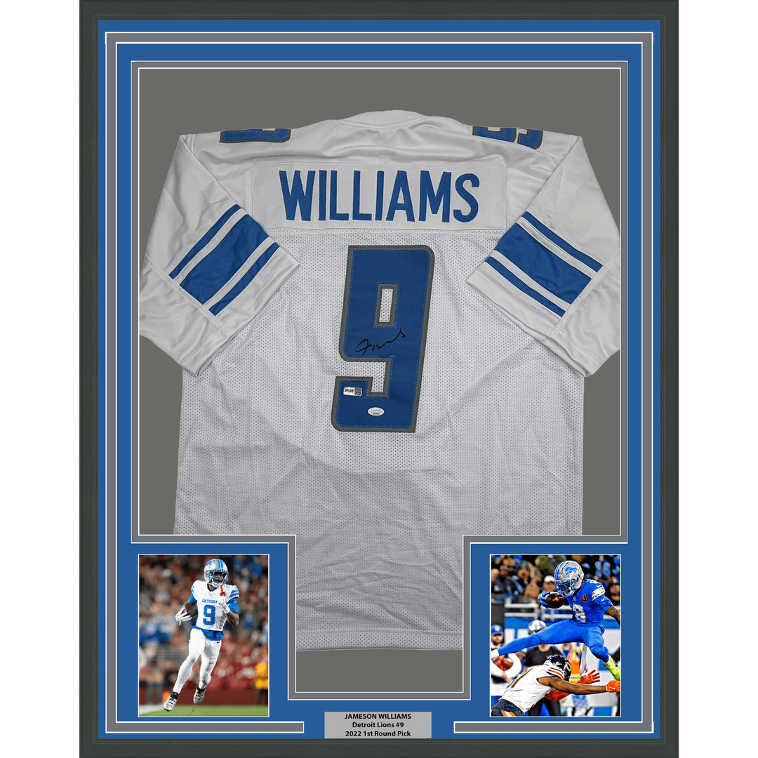 Framed Autographed Jameson Williams Detroit White Football Jersey JSA COA