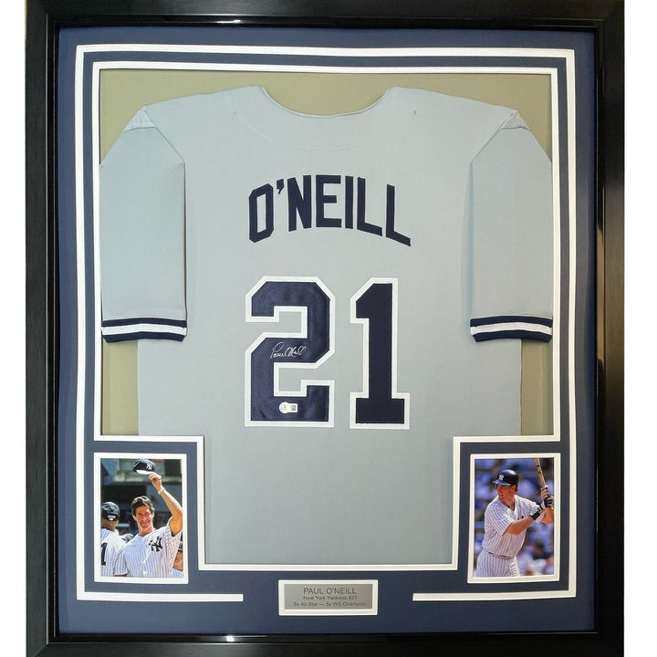 FRAMED Signed PAUL O'NEILL 35x39 New York Grey Jersey JSA COA Auto