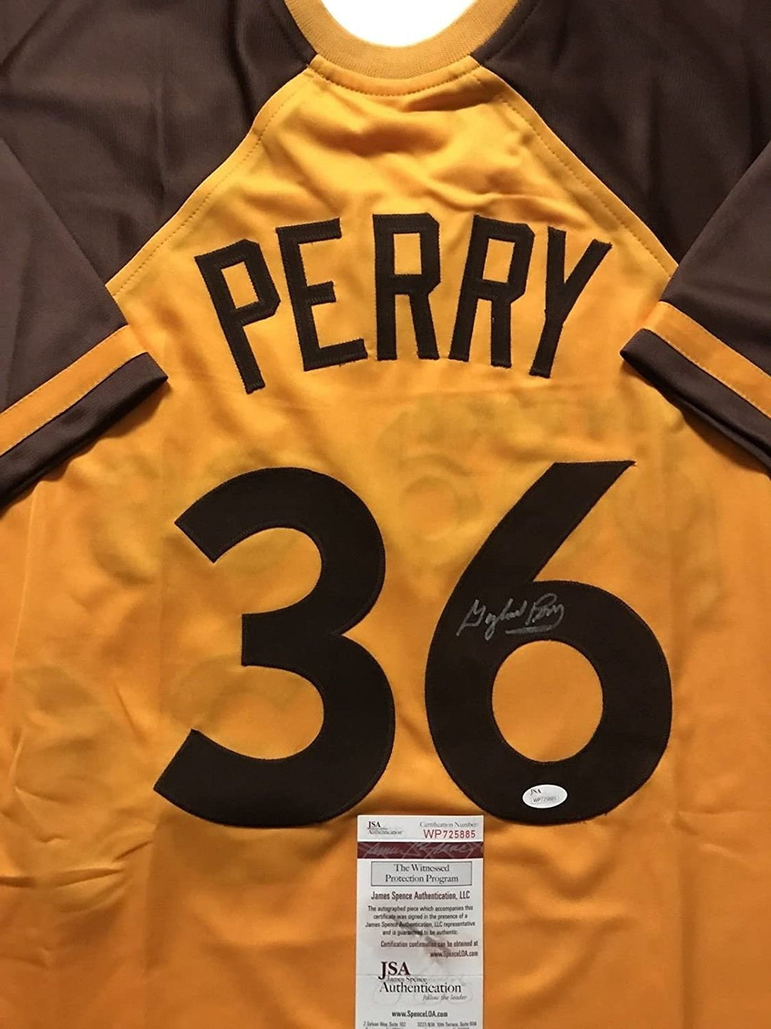 Autographed/Signed GAYLORD PERRY San Diego Yellow Jersey JSA COA Auto