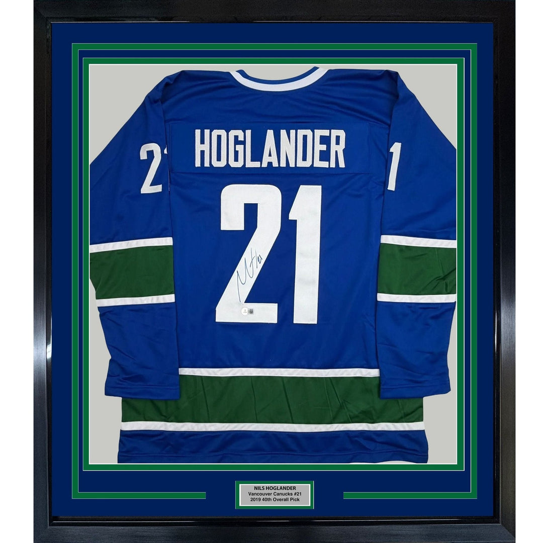 Framed Signed Nils Hoglander 35x39 Vancouver Blue Jersey Beckett BAS COA