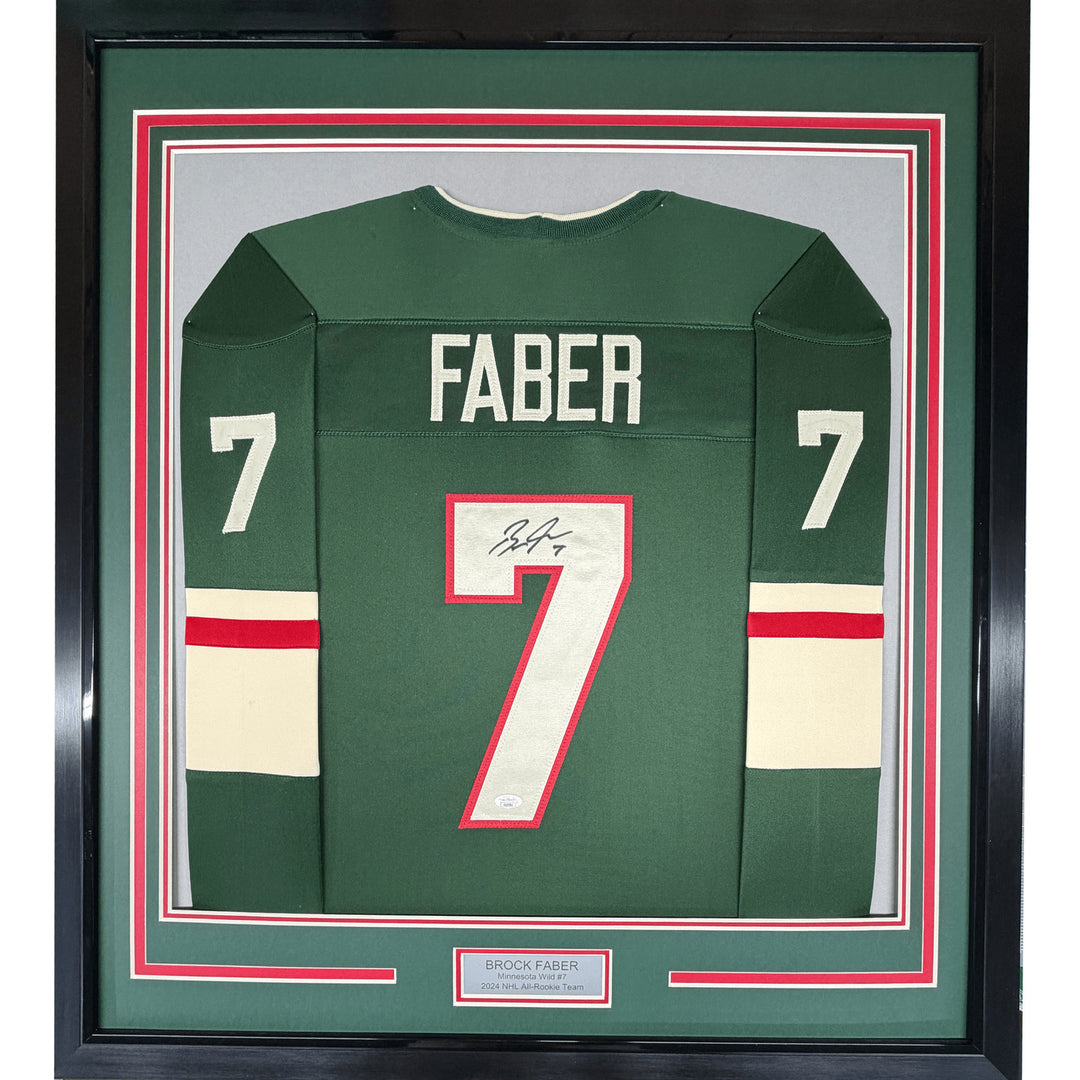 Framed Autographed/Signed Brock Faber 35x39 Minnesota Green Jersey JSA COA