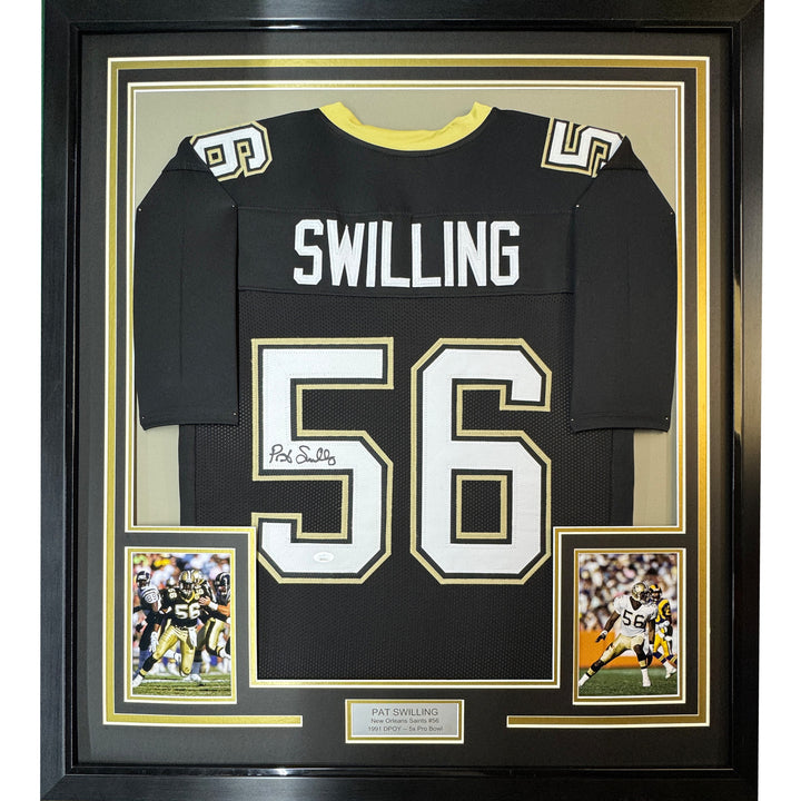 Framed Autographed/Signed Pat Swilling 35x39 New Orleans Black Jersey JSA COA