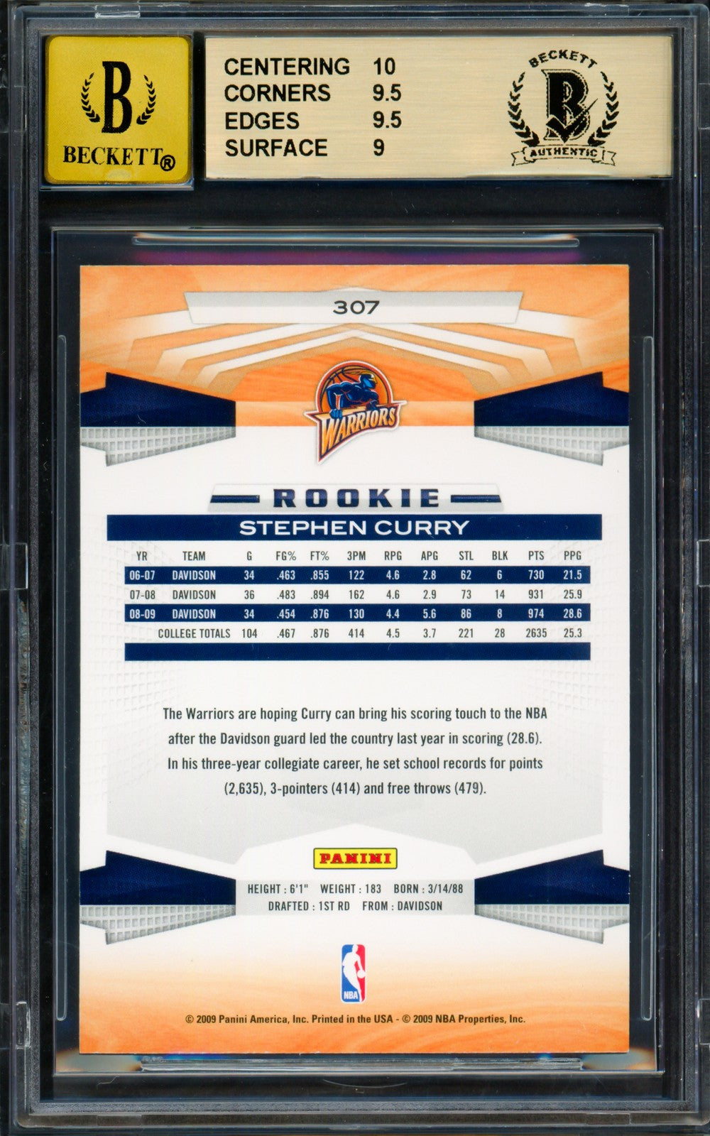 Stephen Curry Signed 2009-10 Panini RC 307 Warriors BGS 9.5 Auto GM 10 Beckett
