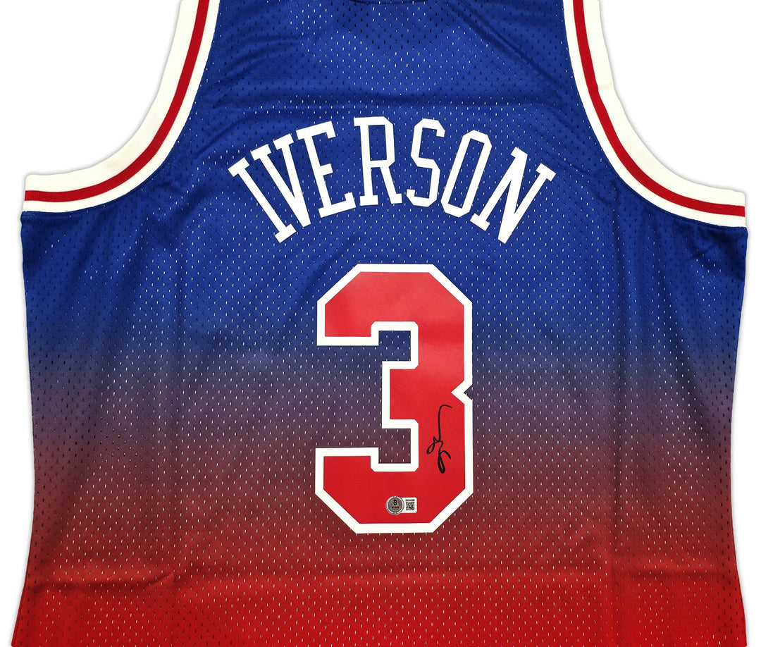 76ers Allen Iverson Auto Red Mitchell Ness 96-97 Swingman Fadeaway Jersey XL BAS