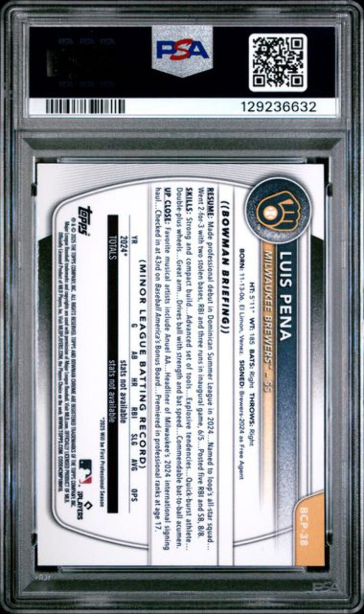 Graded 2025 Topps Bowman Luis Pena #BCP38 Chrome Prospects Reptilian Refractor R
