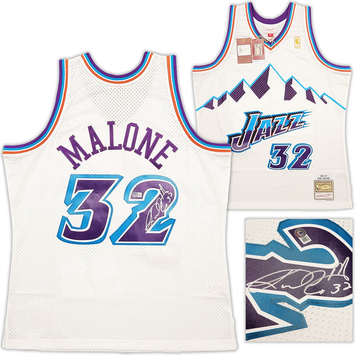 Jazz Karl Malone Signed White Authentic Mitchell & Ness Jersey Size XL Beckett