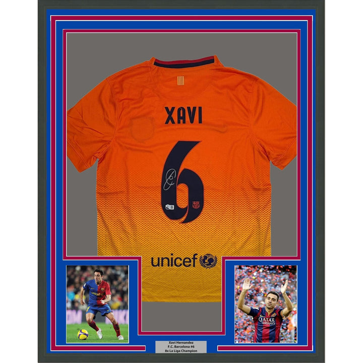 Framed Autographed/Signed Xavi Hernandez 35x39 Barca Orange Jersey BAS COA