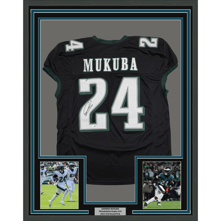 Framed Autographed Andrew Mukuba 35x39 Philadelphia Black Pro Cut Jersey JSA COA