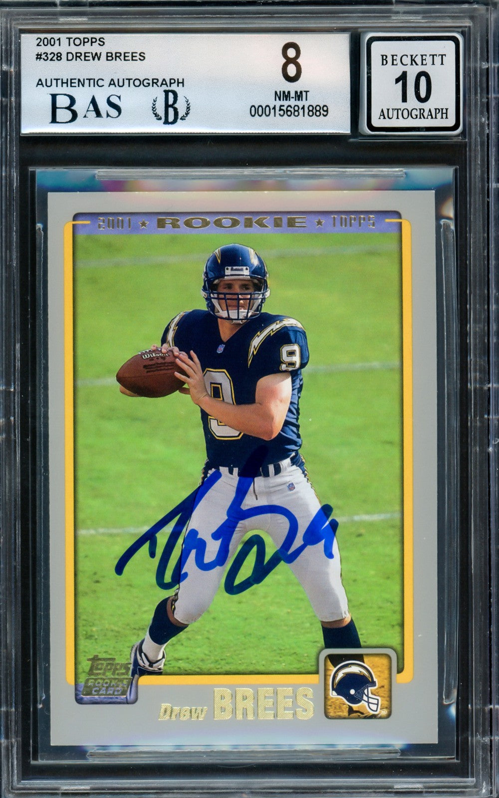 Drew Brees Signed 2001 Topps RC 328 San Diego Chargers BGS 8 Auto GM 10 Beckett