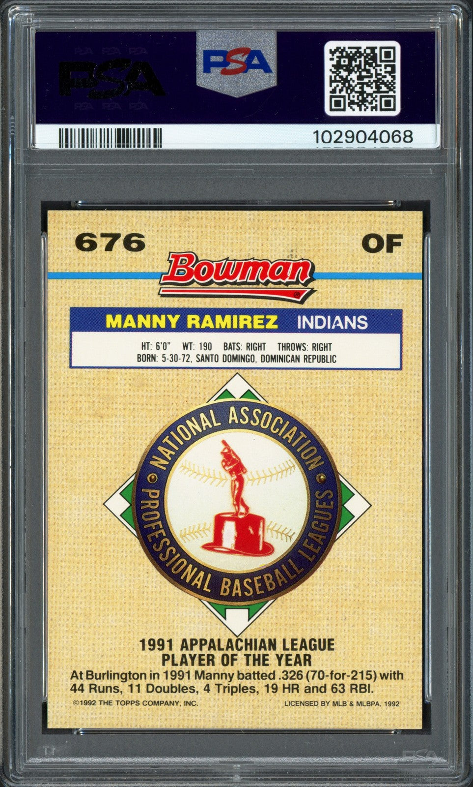 Manny Ramirez Auto 1992 Bowman Foil RC 676 Cleveland Indians Auto GM 10 PSA/DNA