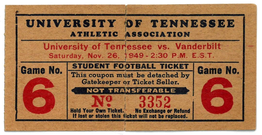 1949 Vanderbilt vs Tennessee Vols Shields Watkins Field  Full Unused Student -G6
