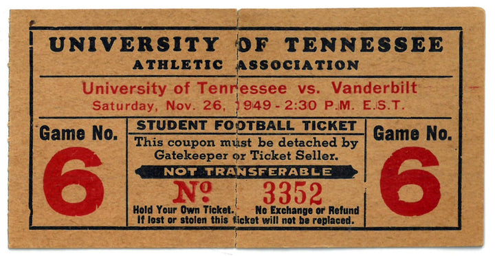 1949 Vanderbilt vs Tennessee Vols Shields Watkins Field  Full Unused Student -G6