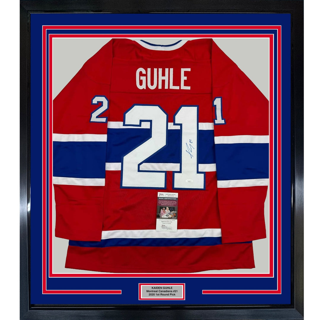 Framed Autographed/Signed Kaiden Guhle 35x39 Montreal Red Jersey JSA COA