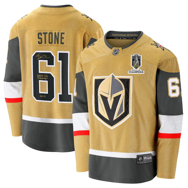 Mark Stone Signed Vegas Golden Knights Gold Jersey #/15 Inscribed Champs IGM COA
