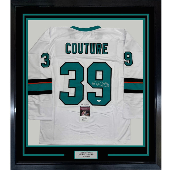 Framed Autographed/Signed Logan Couture 35x39 San Jose White Jersey JSA COA