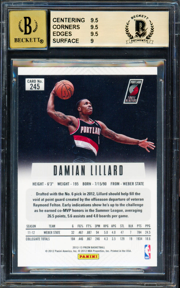 Damian Lillard Auto 2012-13 Panini Prizm RC #245 BGS 9.5 Sig 10 Beckett