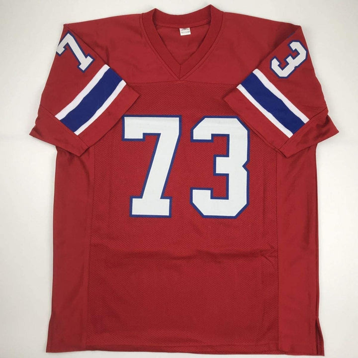 Autographed/Signed John Hannah HOF 91 New England Red Jersey JSA COA