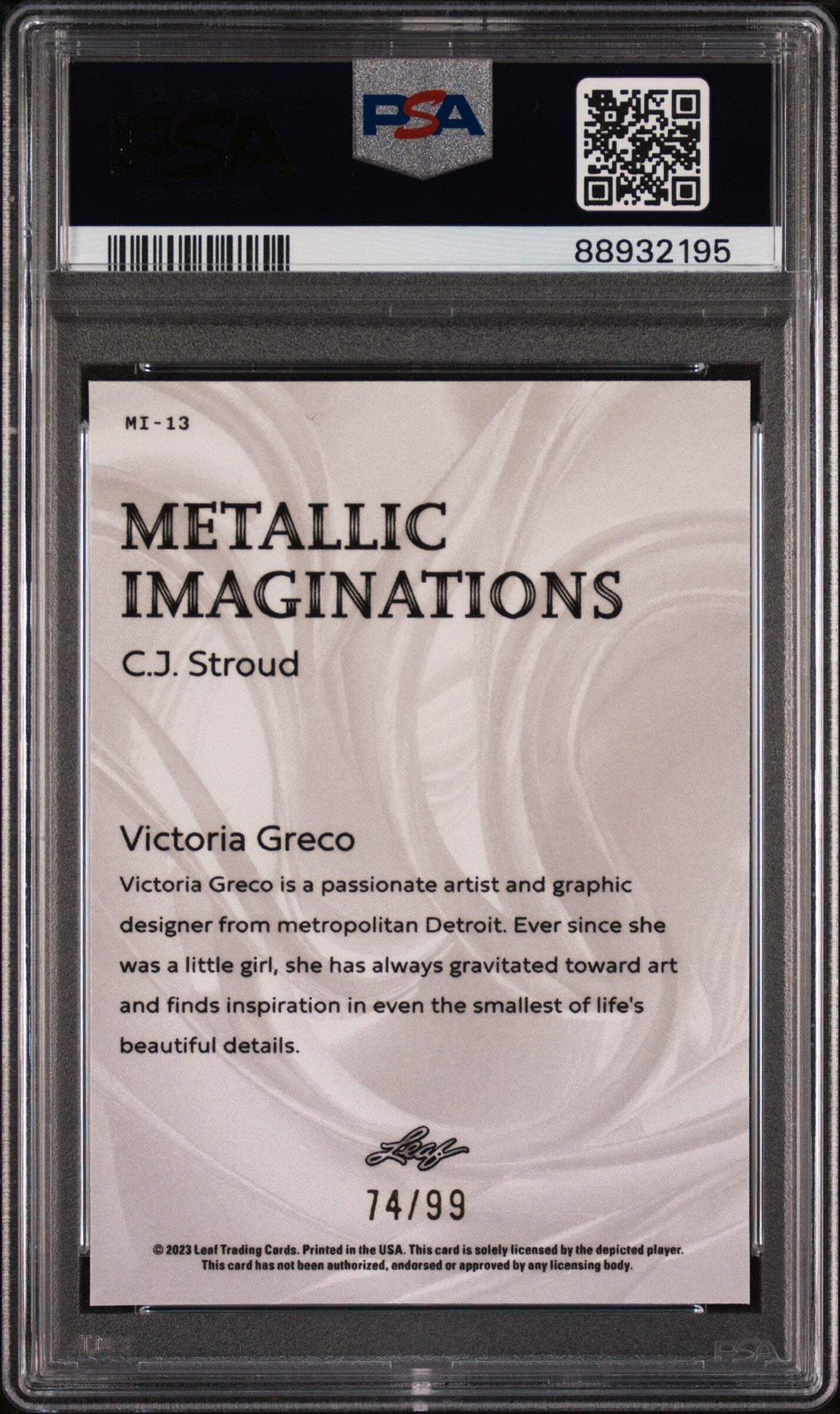 Graded 2023 Leaf CJ Stroud #MI13 Imaginations Gold #/99 Football Card PSA 10