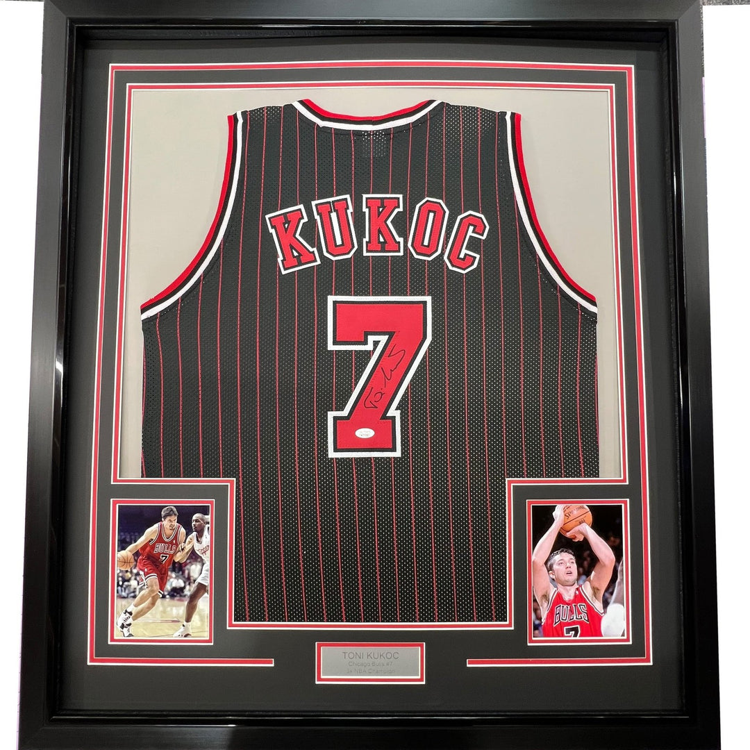 Framed Autographed/Signed Toni Kukoc 33x42 Chicago Pinstripe Jersey BAS COA