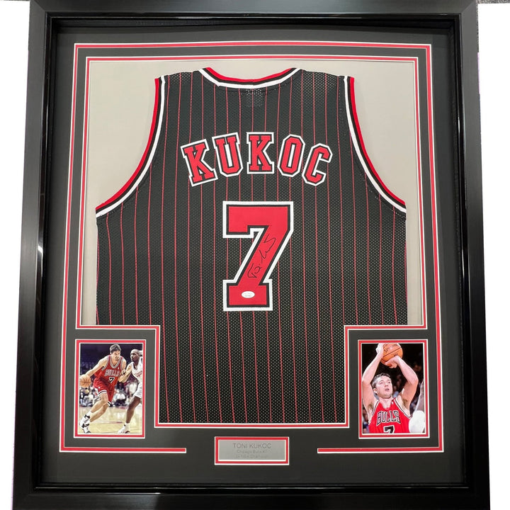 Framed Autographed/Signed Toni Kukoc 33x42 Chicago Pinstripe Jersey BAS COA