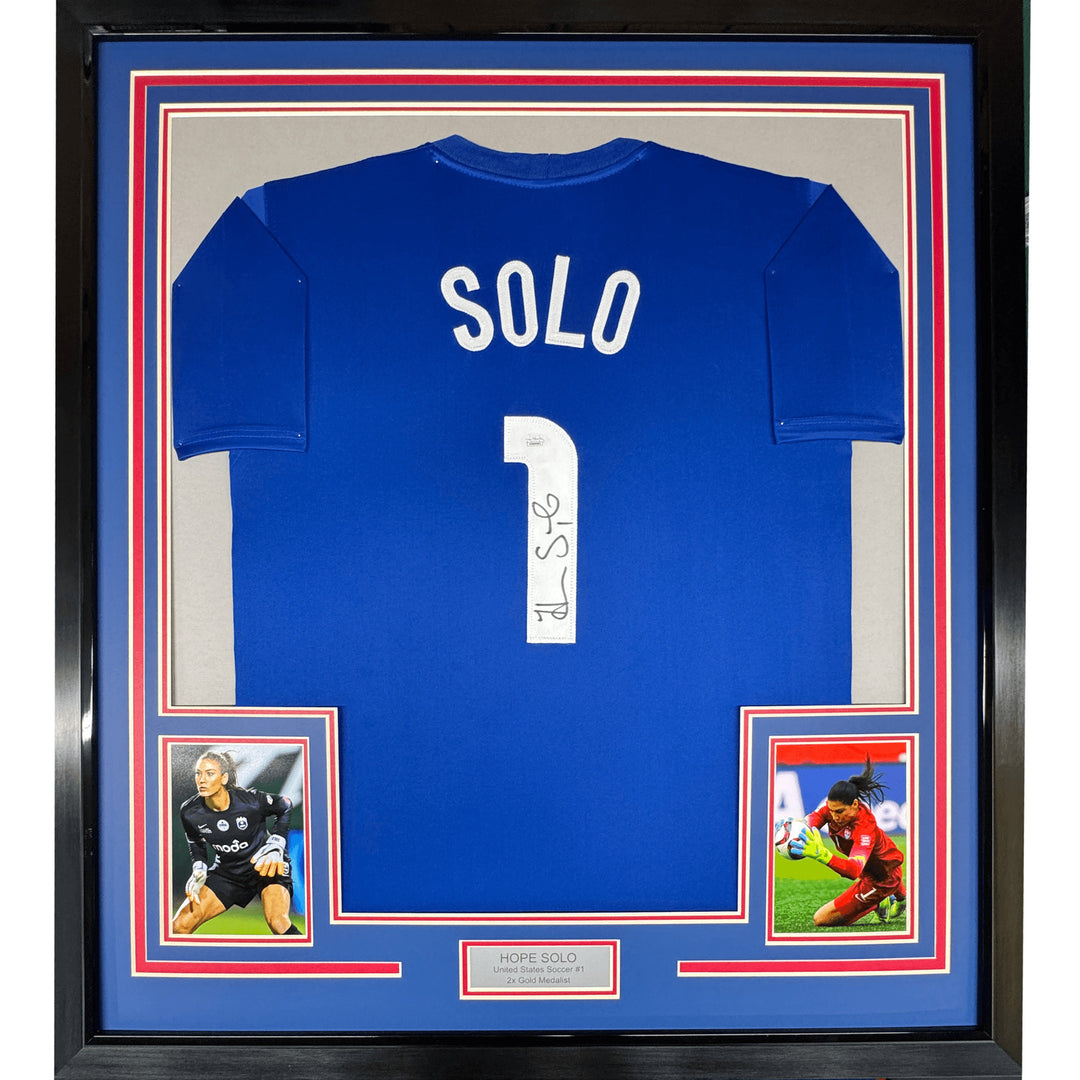 Framed Autographed/Signed Hope Solo 35x39 USA Blue Soccer Jersey JSA COA
