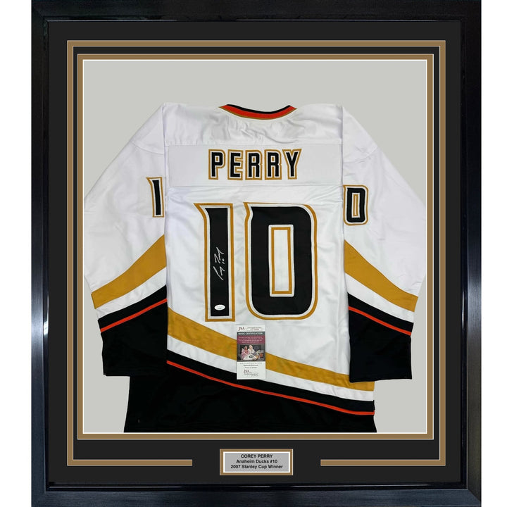 Framed Autographed/Signed Corey Perry 35x39 Anaheim White Jersey JSA COA