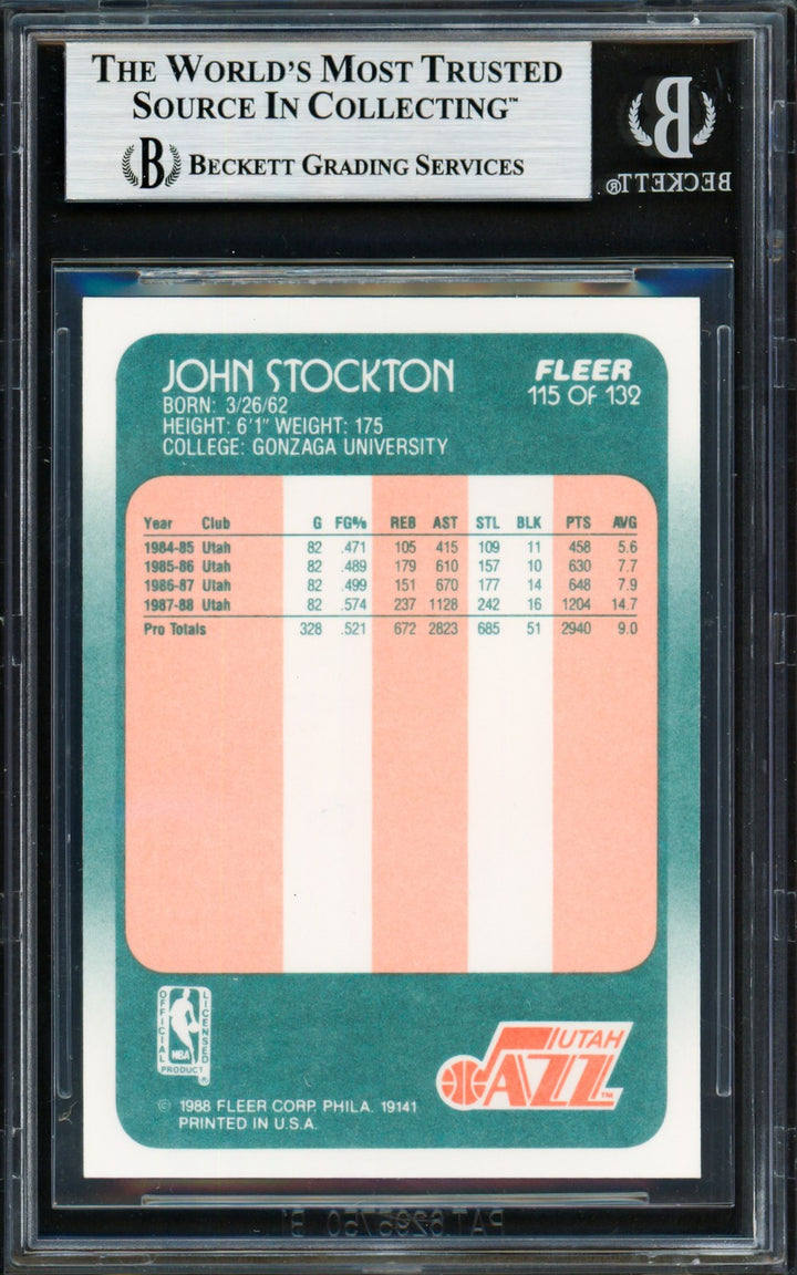 John Stockton Signed 1988-89 Fleer RC 115 Utah Jazz Beckett
