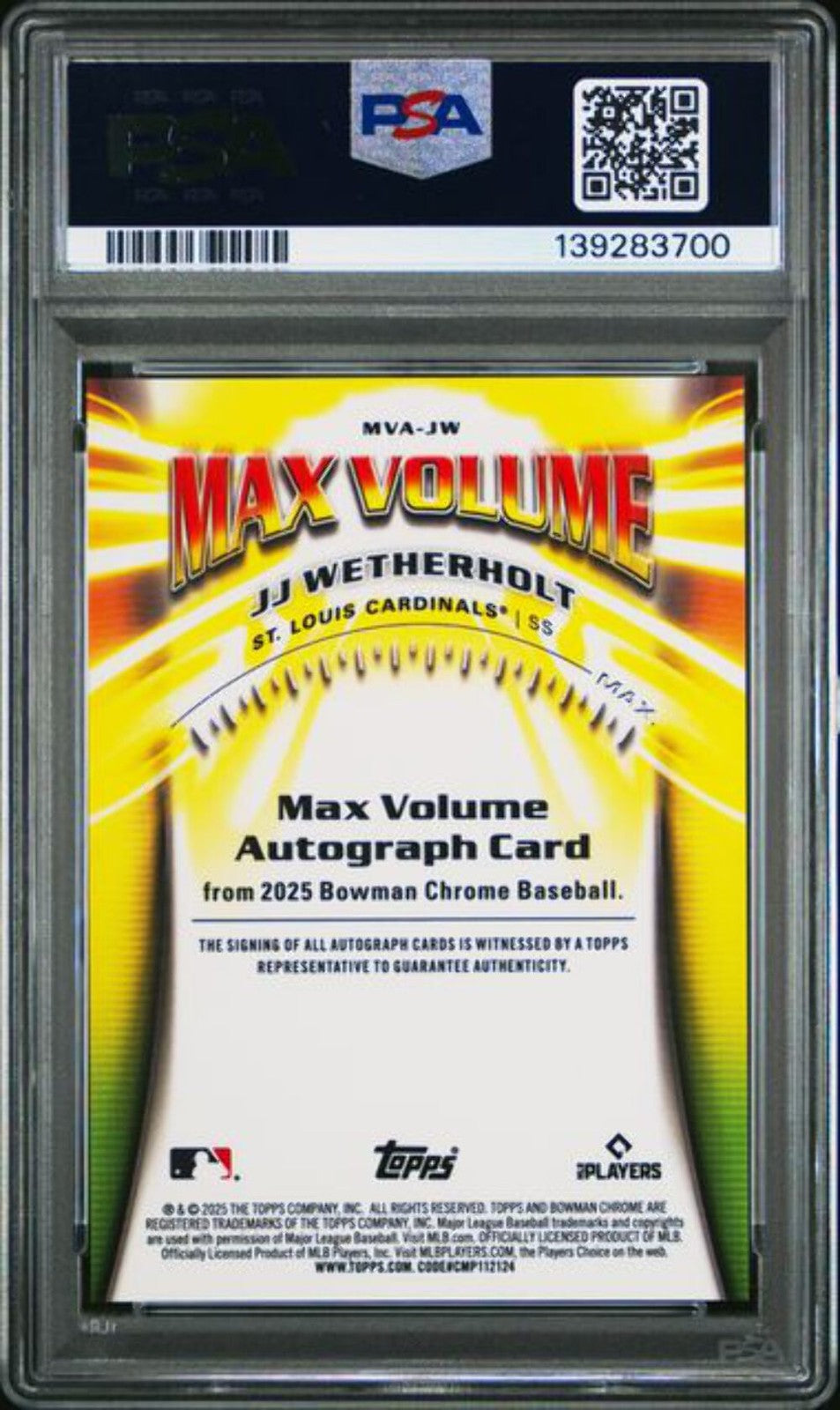 Graded 2025 Bowman Chrome JJ Wetherholt #MVAJW /99 Max Auto Rookie Card PSA 10