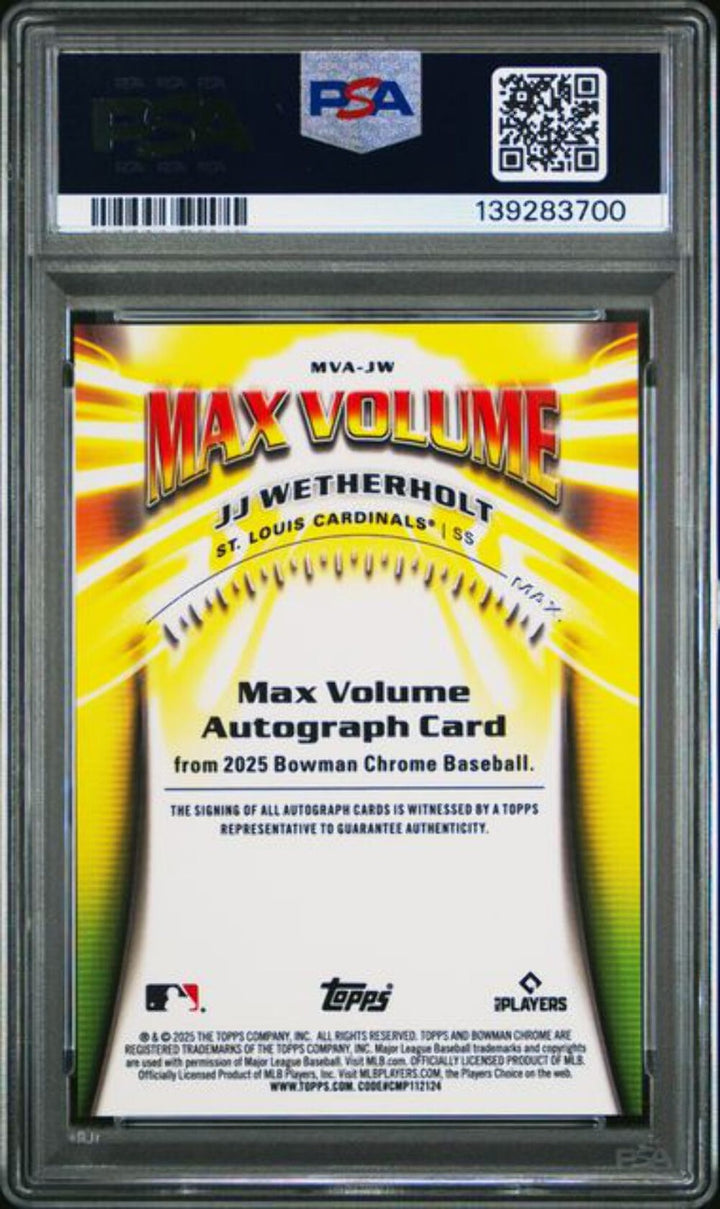Graded 2025 Bowman Chrome JJ Wetherholt #MVAJW /99 Max Auto Rookie Card PSA 10