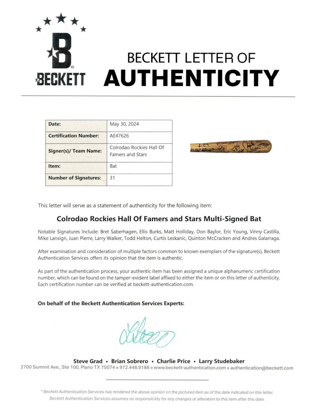 Helton Walker Holliday +28 Signed Colorado Rockies Rawlings Bat Beckett 55417