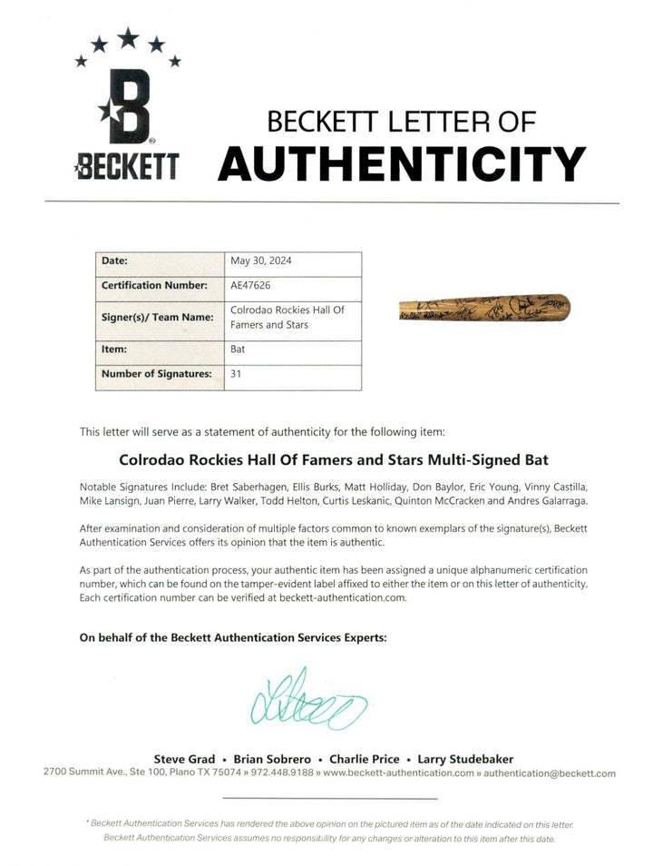 Helton Walker Holliday +28 Signed Colorado Rockies Rawlings Bat Beckett 55417